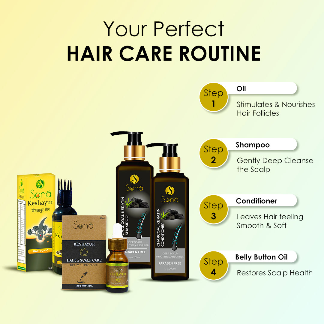 Ultimate Hair Care Kit for Hair Fall Control - Keshayur Hair Oil + Belly button Oil + Charcol Shampoo & Conditioner