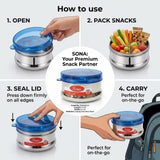 Sona Stainless Steel Premium Engraved containers with Blue plastic lids,Lunch/Storage Containers -650ml Set of 2 (Stackable & Leak-Proof)