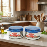 Sona Stainless Steel Premium Engraved containers with Blue plastic lids,Lunch/Storage Containers -650ml Set of 2 (Stackable & Leak-Proof)