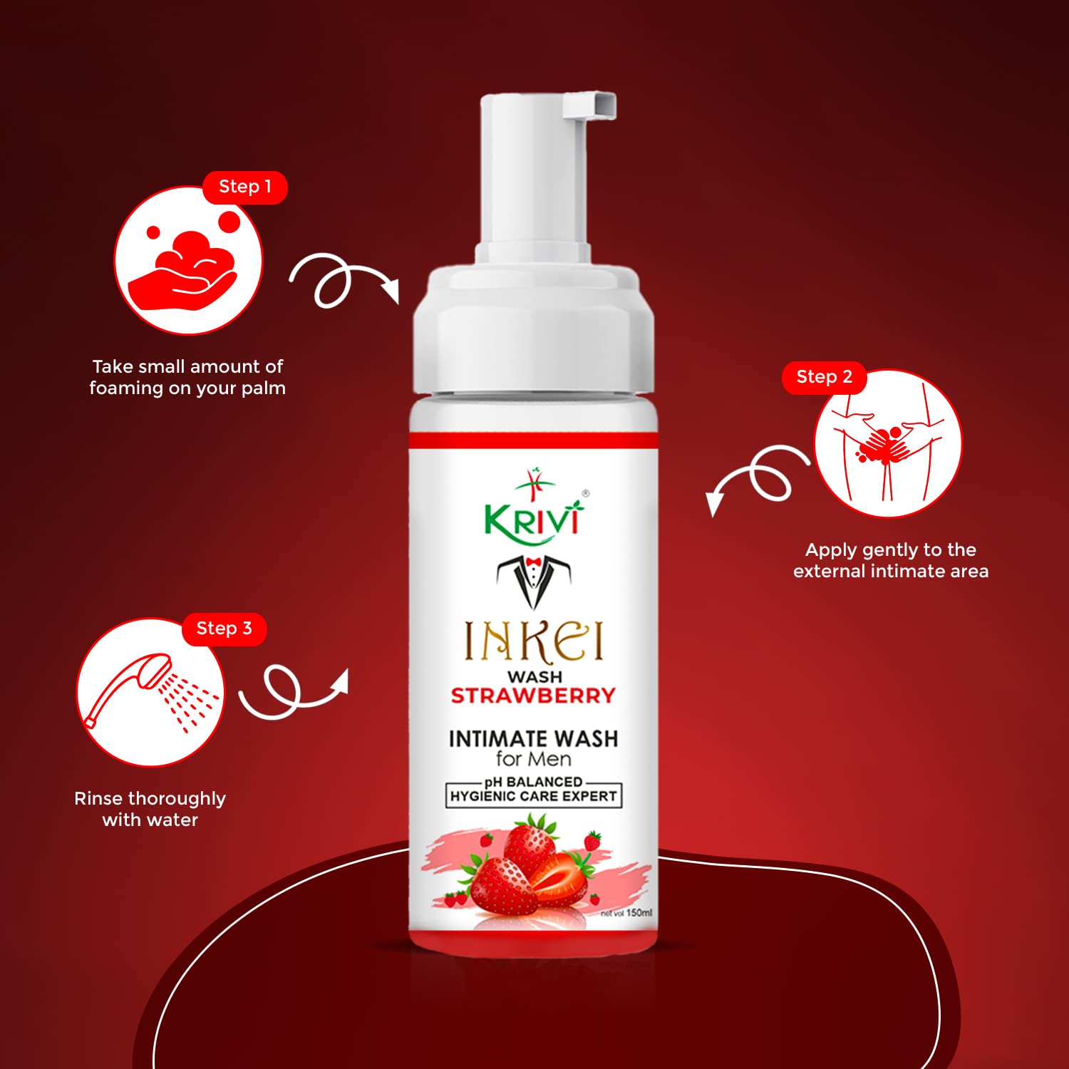 Krivi Inkei Foaming Intimate Wash Strawberry for Man The hygiene care expert with sweetness of Strawberry with Tree Tea Oil, Sea Buckthorn Oil, and goodness of Shilajit & Ashwagandha. 150 ml (Pack of 1)