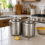 Sona Stainless Steel Container Pot with Lid (350ml & 500ml) 2 pcs with spoon for Home Kitchen Oil/Ghee Container for Kitchen/Multipurpose use Mirror Finish, Durable & Dishwasher Safe