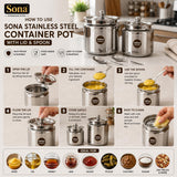Sona Stainless Steel Container Pot with Lid (350ml & 500ml) 2 pcs with spoon for Home Kitchen Oil/Ghee Container for Kitchen/Multipurpose use Mirror Finish, Durable & Dishwasher Safe