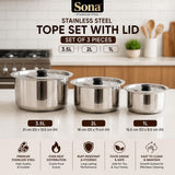 Sona Stainless Steel Tope Set with Lid 1L, 2L, & 3.5L Set of 3 Pieces, Silver Cookware Combo Set