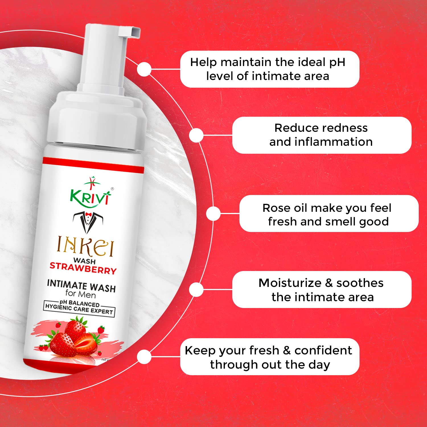 Krivi Inkei Foaming Intimate Wash Strawberry for Man The hygiene care expert with sweetness of Strawberry with Tree Tea Oil, Sea Buckthorn Oil, and goodness of Shilajit & Ashwagandha. 150 ml (Pack of 1)