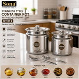 Sona Stainless Steel Container Pot with Lid (350ml & 500ml) 2 pcs with spoon for Home Kitchen Oil/Ghee Container for Kitchen/Multipurpose use Mirror Finish, Durable & Dishwasher Safe
