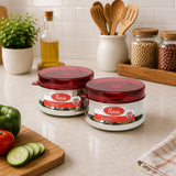 Sona Stainless Steel Premium Engraved containers with red plastic lids,Lunch/Storage Containers -650ml Set of 2 (Stackable & Leak-Proof)