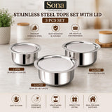 Sona Stainless Steel Tope Set with Lid - 3 Pcs 1, 1.4, & 1.8 litres Patila Cookware Set Combo