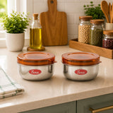 Sona Stainless Steel Engraved containers with Orange plastic lids,Lunch/Storage Containers -Set of 2 (Stackable & Leak-Proof) 550ml