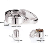 ABC Large Premium Spice Tin Masala Dabba 22.5 cm | 9 Spice Jars & 4 Serving Spoon | Polished Stainless Steel with Clear Acrylic Lids | Spice Organiser | Indian Spice Box