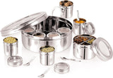 ABC Large Premium Spice Tin Masala Dabba 22.5 cm | 9 Spice Jars & 4 Serving Spoon | Polished Stainless Steel with Clear Acrylic Lids | Spice Organiser | Indian Spice Box