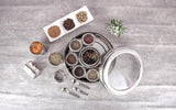ABC Large Premium Spice Tin Masala Dabba 22.5 cm | 9 Spice Jars & 4 Serving Spoon | Polished Stainless Steel with Clear Acrylic Lids | Spice Organiser | Indian Spice Box