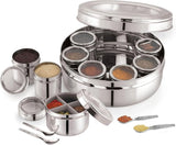 ABC Large Premium Spice Tin Masala Dabba 22.5 cm | 9 Spice Jars & 4 Serving Spoon | Polished Stainless Steel with Clear Acrylic Lids | Spice Organiser | Indian Spice Box