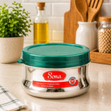 Sona Stainless Steel Premium Engraved containers with Green plastic lids,Lunch/Storage Containers -650ml Set of 2 (Stackable & Leak-Proof)