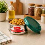 Sona Stainless Steel Premium Engraved containers with Green plastic lids,Lunch/Storage Containers -650ml Set of 2 (Stackable & Leak-Proof)