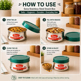 Sona Stainless Steel Premium Engraved containers with Green plastic lids,Lunch/Storage Containers -650ml Set of 2 (Stackable & Leak-Proof)