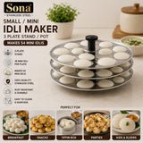 Sona Stainless Steel Small/Mini Idli Maker 3 Plate Stand/Pot,Makes 54 Mini Idlis at Once. (Silver) (18x3)