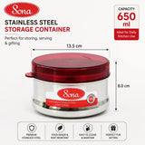 Sona Stainless Steel Premium Engraved containers with red plastic lids,Lunch/Storage Containers -650ml Set of 2 (Stackable & Leak-Proof)