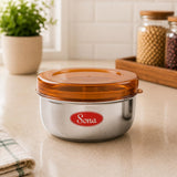Sona Stainless Steel Engraved containers with Orange plastic lids,Lunch/Storage Containers -Set of 2 (Stackable & Leak-Proof) 550ml