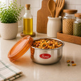 Sona Stainless Steel Engraved containers with Orange plastic lids,Lunch/Storage Containers -Set of 2 (Stackable & Leak-Proof) 550ml