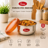 Sona Stainless Steel Engraved containers with Orange plastic lids,Lunch/Storage Containers -Set of 2 (Stackable & Leak-Proof) 550ml