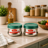 Sona Stainless Steel Premium Engraved containers with Green plastic lids,Lunch/Storage Containers -650ml Set of 2 (Stackable & Leak-Proof)