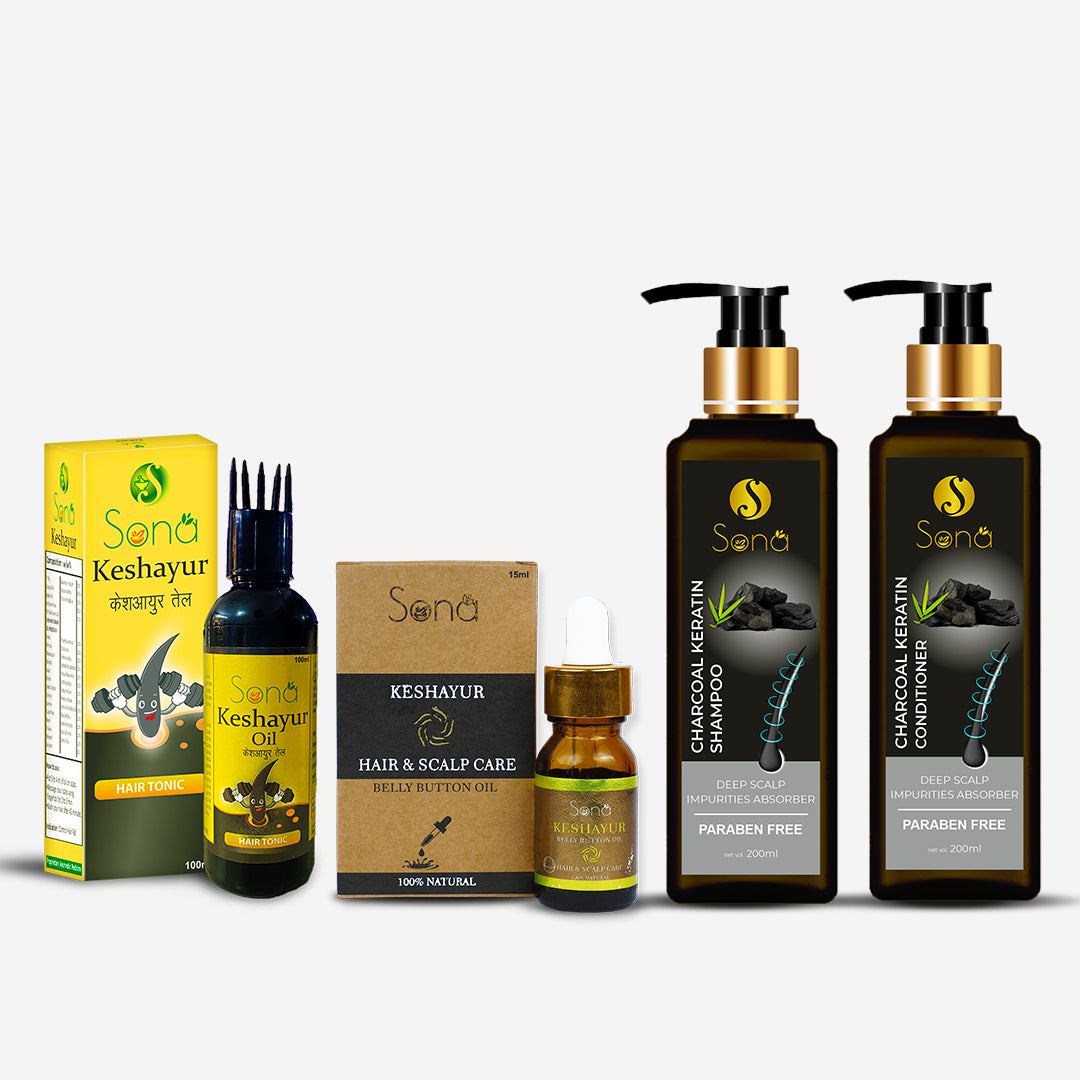 Ultimate Hair Care Kit for Hair Fall Control-Keshayur Hair Oil + Belly button Oil + Charcol Shampoo & Conditioner