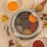 SONA Premium Stainless Steel Masala Dabba | Traditional Indian Spice Box Container with 7 Individual Cups, Inner Lid, Clear Outer Lid & Spoon