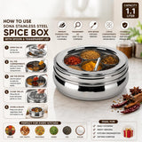 SONA Premium Stainless Steel Masala Dabba | Traditional Indian Spice Box Container with 7 Individual Cups, Inner Lid, Clear Outer Lid & Spoon
