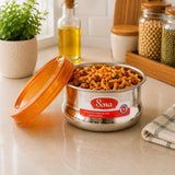 Sona Stainless Steel Premium Engraved containers with Orange plastic lids,Lunch/Storage Containers 650ml Set of 2 (Stackable & Leak-Proof)